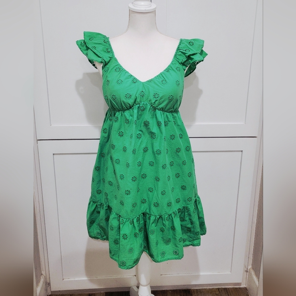 SO Goods For Life Green Cotton  Eyelet Ruffle Summer Dress | Size Medium